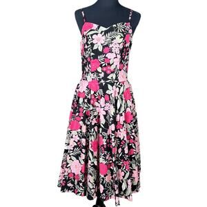 Magnolia Place Black Pink Floral Cotton Swing Sun Dress Pockets Medium New